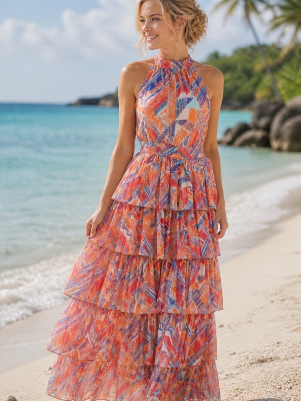 NWT Avara Tiered Ruffle Midi Dress Coral Sz S Bright Abstract Print Halter Style